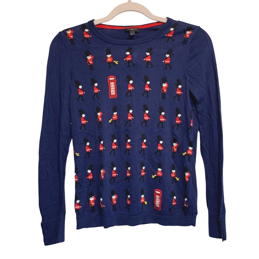 Talbots Sweater Petite P Navy Blue British Royal Guard London Intarsia Knit Prep